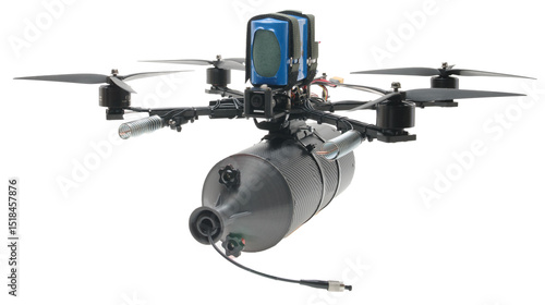 FPV drone with propellers and camera. Drone in the air on a white background. Isolate fpy drone. Drone front view.