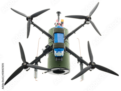 Helicopter with blades and battery. Helicopter view from above. Flying drone on white background. Drone isolate.
