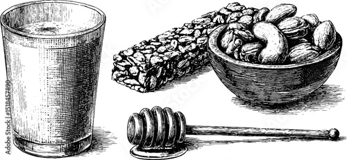 Engraved illustration of granola bars, nuts, yogurt glass, and honey for healthy snacks concept