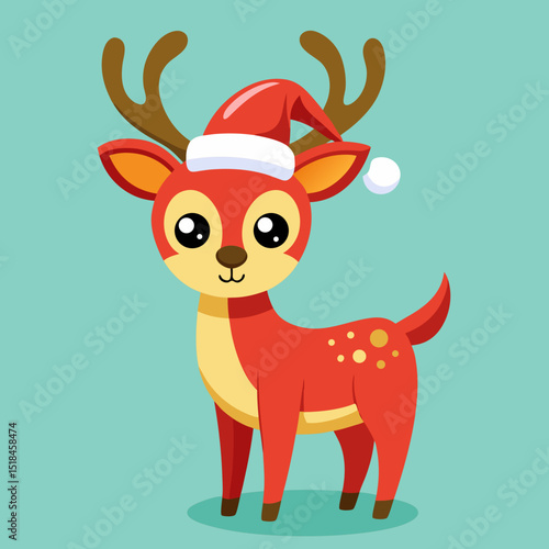 Cartoon Christmas Deer Wearing Red Hat – Vector Illustration on White Background

