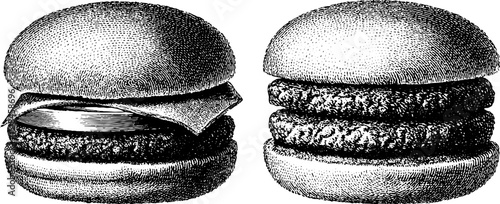 Engraved illustration of classic cheeseburger and double hamburger for culinary design