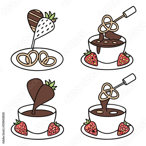 Chocolate fondue illustration with strawberries and pretzels