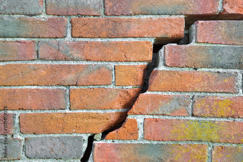 Dangerous old exposed cracked brick wall due to structural foundation failure, soil subsidence, corrosion and deterioration of building materials, earthquake