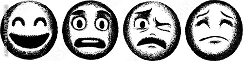 Engraved emotion faces set: happy, surprised, sad, and worried expressions for creative design
