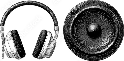 Vintage audio equipment engraving: headphones and speaker illustration for retro design