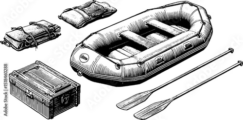 Engraved vintage illustration of inflatable raft set with oars and accessories