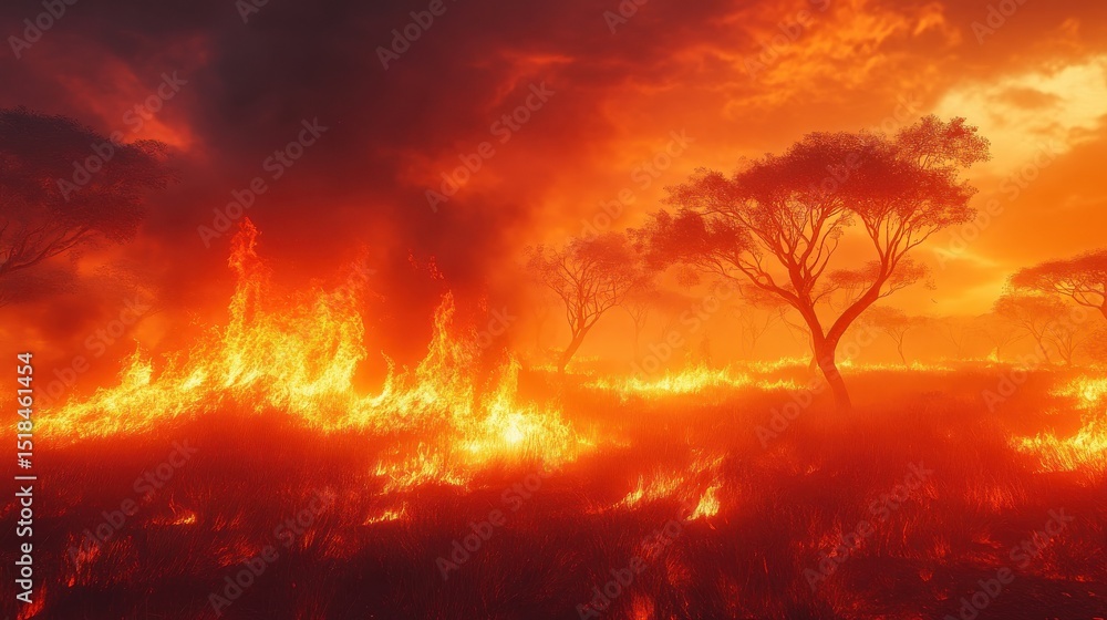 Fototapeta premium Vibrant orange and red flames destroying dry grasslands with sparse slender trees illuminated by thick smoke drifting upward in a dynamic bushfire scene