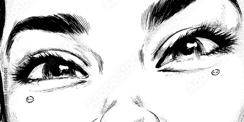 Engraved art of joyful tears with wide expressive eyes