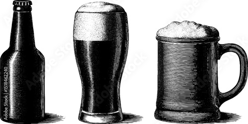 Vintage engraved set of lager bottle and beer mugs for brewing and bar design