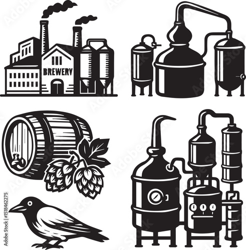 beer factories, brewing equipment, and industrial buildings, showcasing hops, barrels, and distillation machinery Set collection bundle vector illustration