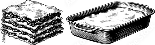 Engraved lasagna illustration set for culinary and design projects