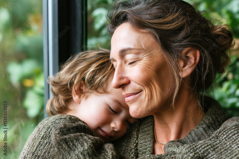 Fototapeta premium Mother hugging child with closed eyes by the window in autumn 
