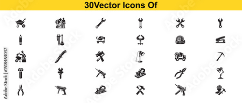 Flat Black Construction and Mechanical Tools Icon Collection