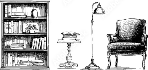 Vintage library interior with bookshelf, armchair, and reading lamp engraving