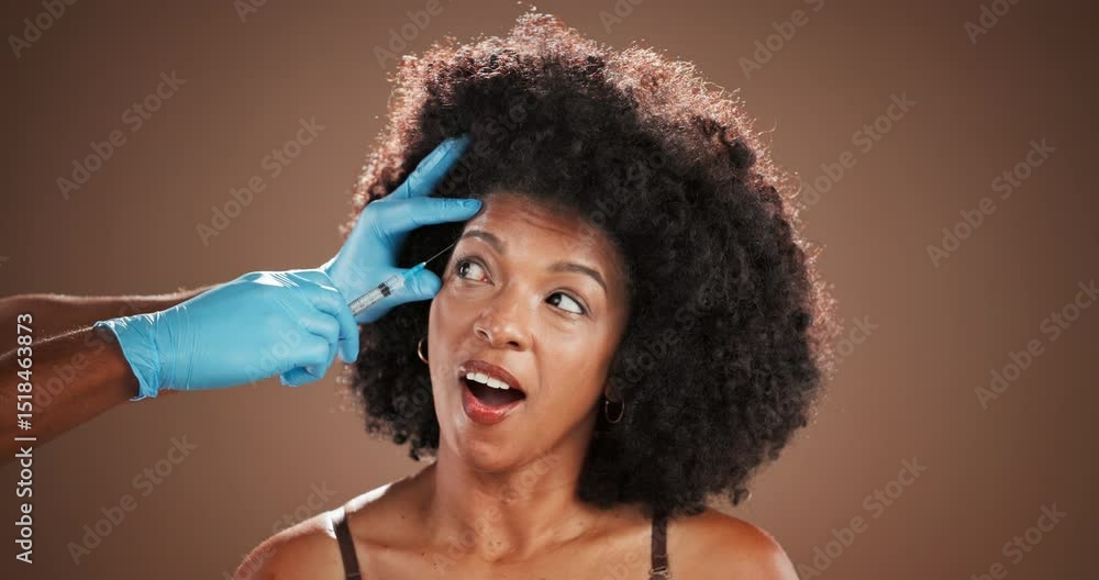 Eye brow, filler and wow with black woman in studio for antiaging treatment or plastic surgery. Beauty, hands of surgeon and surprise with African person in clinic for cosmetic procedure or injection Eye brow, filler and wow with black woman in studio for antiaging treatment or plastic surgery. Beauty, hands of surgeon and surprise with African person in clinic for cosmetic procedure or injection