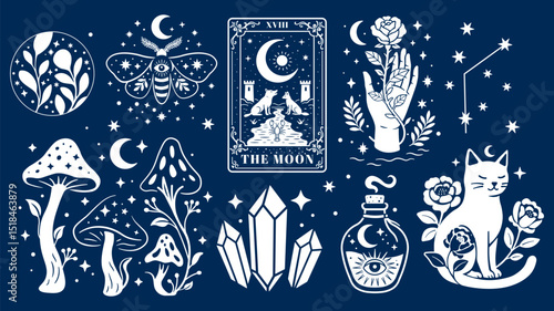 Mystical Boho Bundle – Celestial Witchy Elements with Moon, Tarot Card, Cat, Crystals, Mushrooms, Constellations, Hand, Floral Magic, Eyes, and Potions – Spiritual Esoteric Clip Art Set vector art