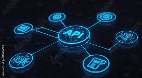 API network connections represented with glowing blue icons on dark background  