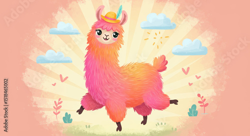 Cute cartoon llama wearing a hat and smiling against a pastel background  