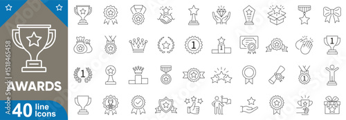 Set of 40 line icons related to awards, trophy, achievement, medal, certificate, badge, recognition, ribbon, winner, star, crown and more. Editable stroke vector illustration. 