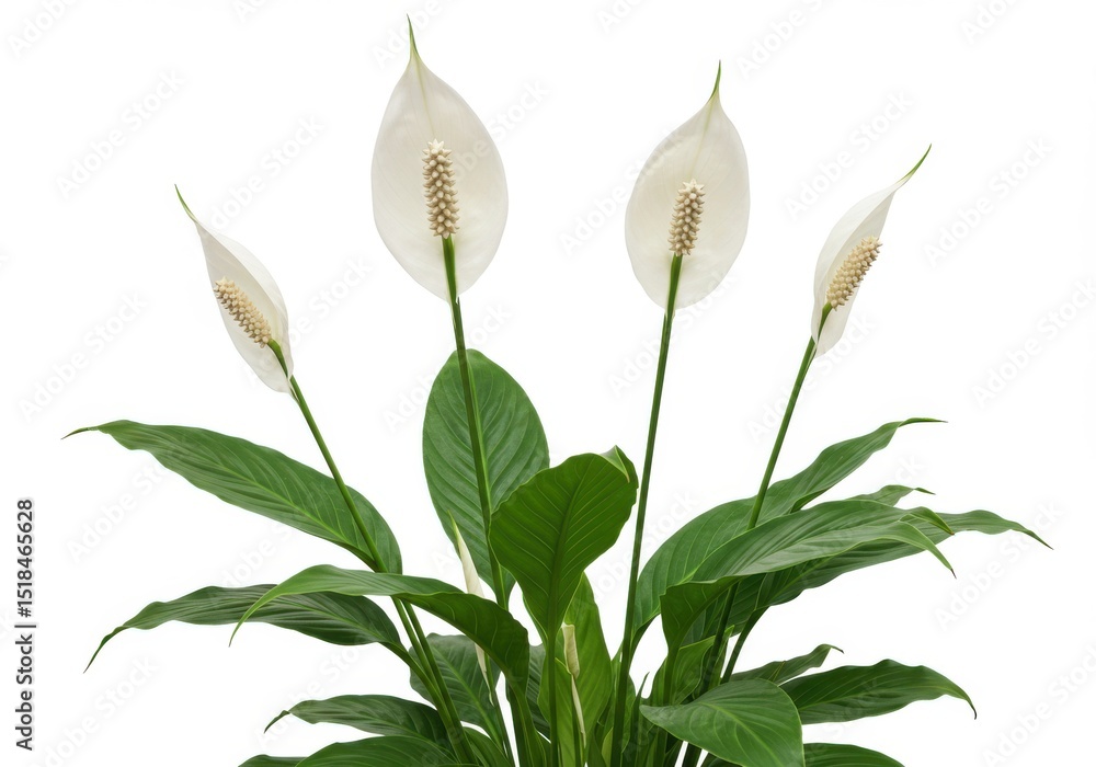 Obraz premium Peace lily isolated on white background, spathiphyllum plant with flowers and green leaves for decoration and air purification uses.