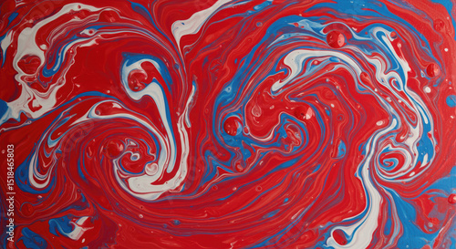 Abstract red, blue, and white marbled pattern in swirling design  