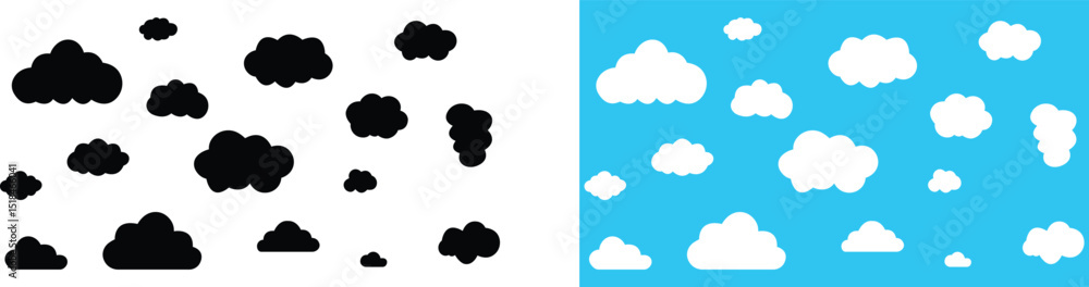 Clouds large and small icon set. Blue sky clouds vector collection isolated on transparent light blue background. Cartoon weather illustration. Fluffy nature environment symbol for web and app. Clouds large and small icon set. Blue sky clouds vector collection isolated on transparent light blue background. Cartoon weather illustration. Fluffy nature environment symbol for web and app.