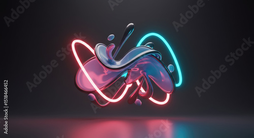 Abstract 3D fluid shape with vibrant neon colors on dark background  