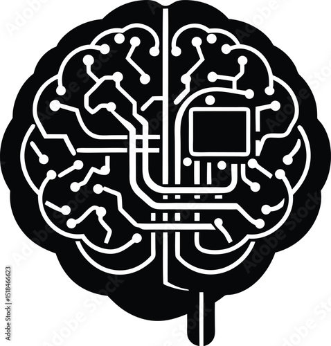AI brain circuit Vector illustration transparent brain with internal chip layers