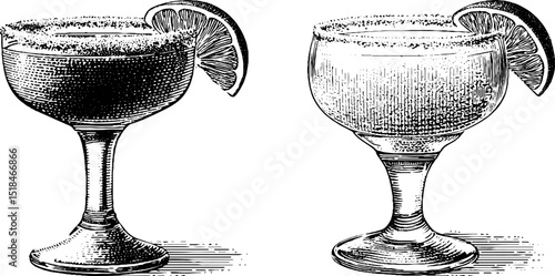 Vintage margarita glass engraving set with lemon slice for retro design projects