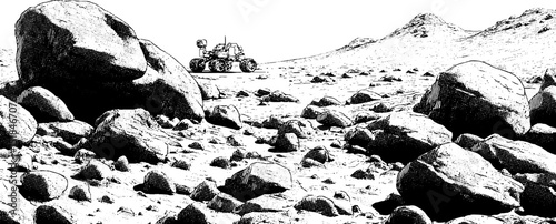 Engraved illustration of mars surface with rover amidst rocky landscape