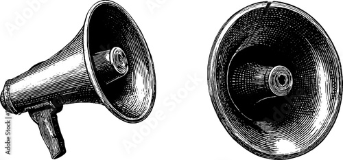 Vintage megaphone and loudspeaker engraving design for print and poster