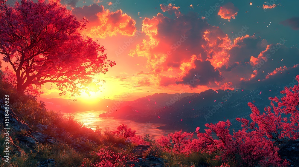 Breathtaking vibrant sunset over mountain lake with cherry blossoms and high resolution image Breathtaking vibrant sunset over mountain lake with cherry blossoms and high resolution image