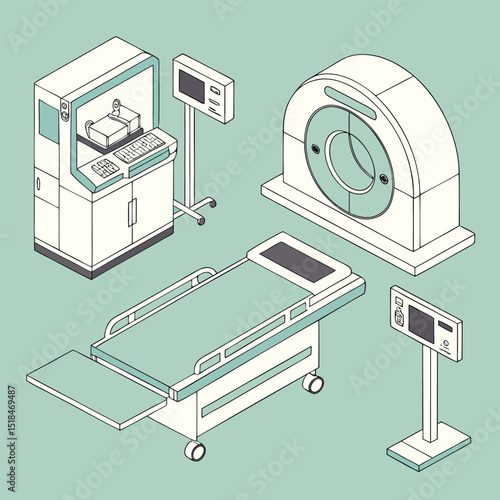 Isometric vector illustration of medical equipment depicting a hospital radiology department and examination room
