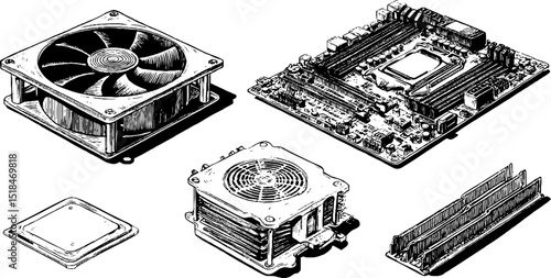 Detailed engraved illustration set of motherboard and cpu components for technology and design