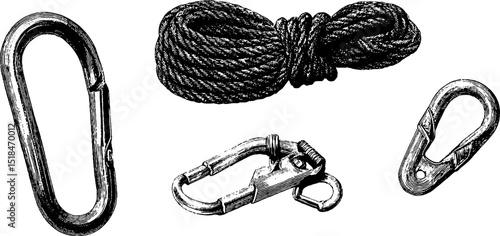 Engraved set of mountaineering ropes and carabiners for outdoor adventures and climbing