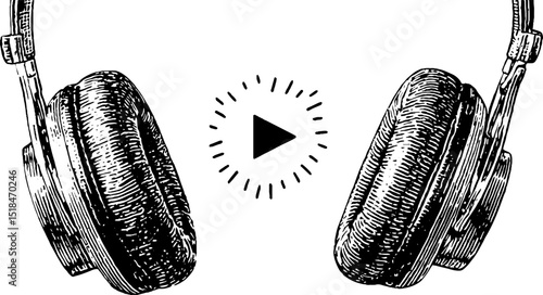 Vintage music streaming app concept with headphones and play button engraving