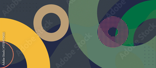 Playful Abstract Design with Overlapping Circles and Ovals in Mustard Yellow, Terracotta, Dark Navy, Teal Green, and Dusty Rose, Featuring Dotted and Striped Patterns for Geometric Depth