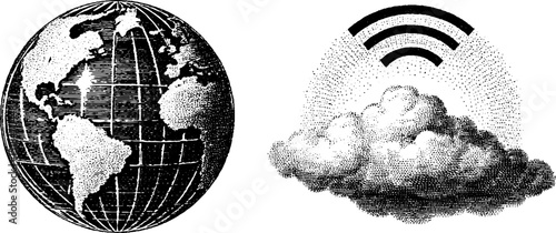 Vintage engraved illustration of globe with network symbol and wi-fi cloud for technology design