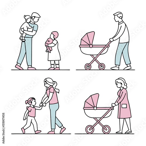Happy Family Moments Parents with Children, Stroller Scenes, and Cherished Childhood Memories