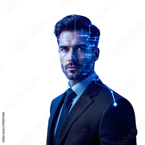 Man in suit with digital interface overlay against a black background looking at the viewer