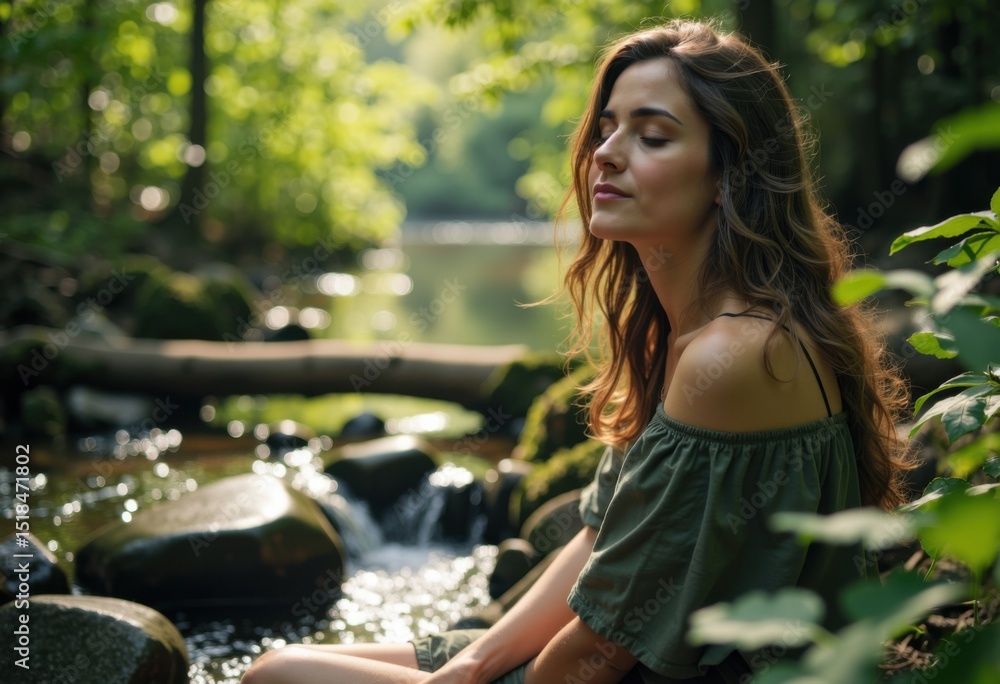 Woman with long hair relaxing by a peaceful river in a lush green forest Woman with long hair relaxing by a peaceful river in a lush green forest