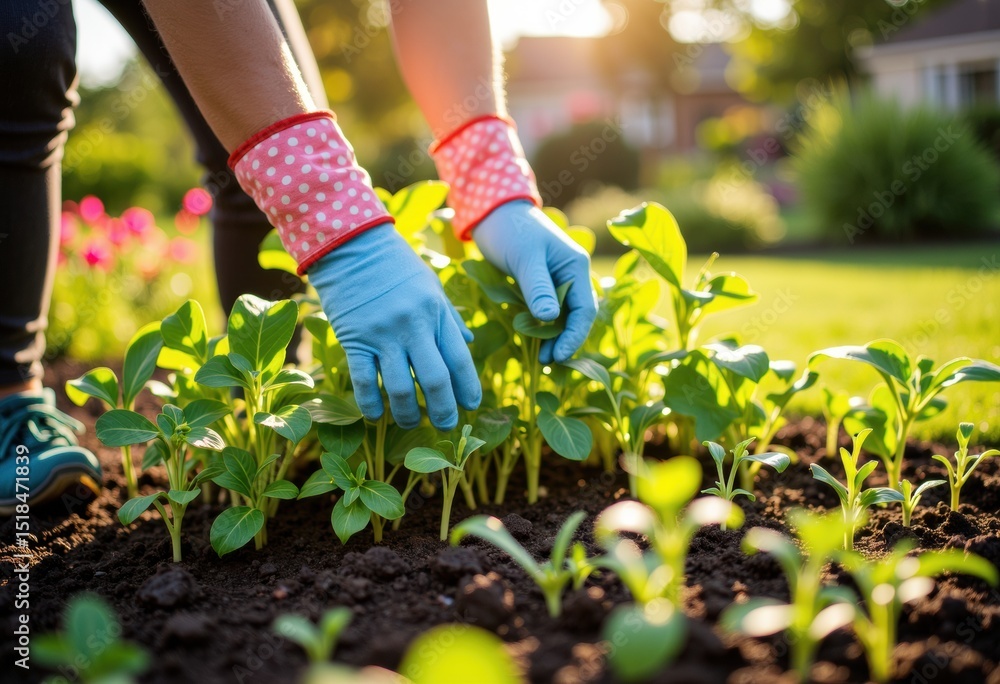 Fototapeta premium Woman planting young seedlings in a garden during sunny weather
