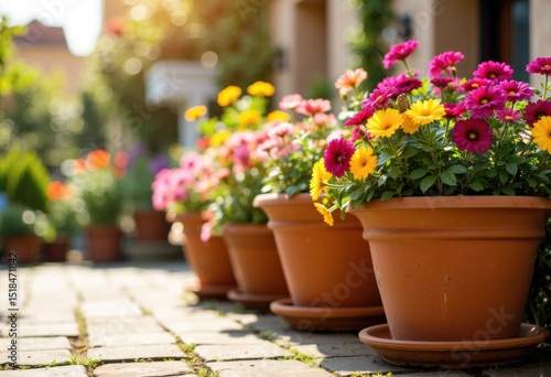 Wallpaper Mural Colorful flower pots with blooming pink, yellow, and orange flowers on a sunny outdoor patio Torontodigital.ca