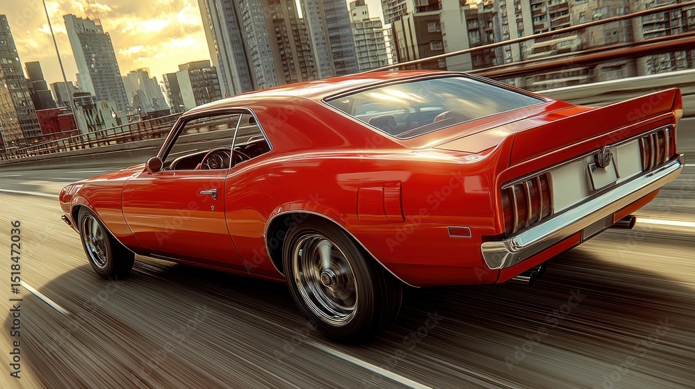 Obraz premium Red classic car drives fast on city bridge