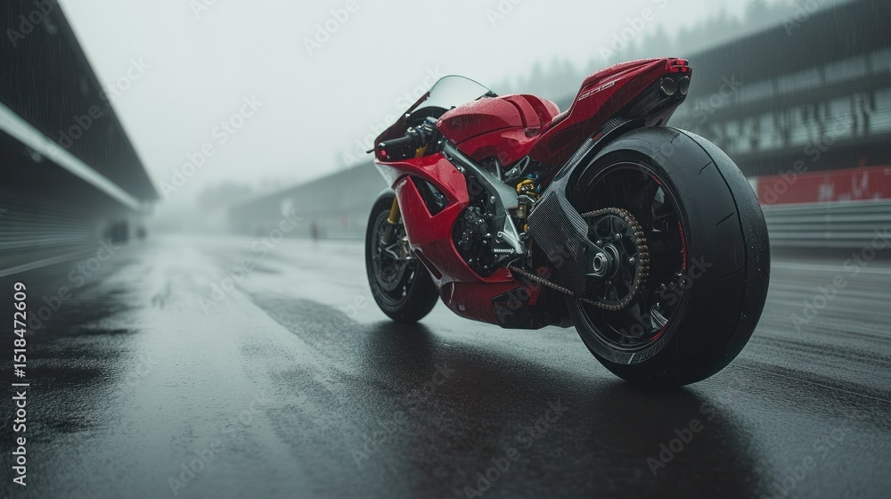 Fototapeta premium Red motorcycle on a wet racetrack in foggy weather