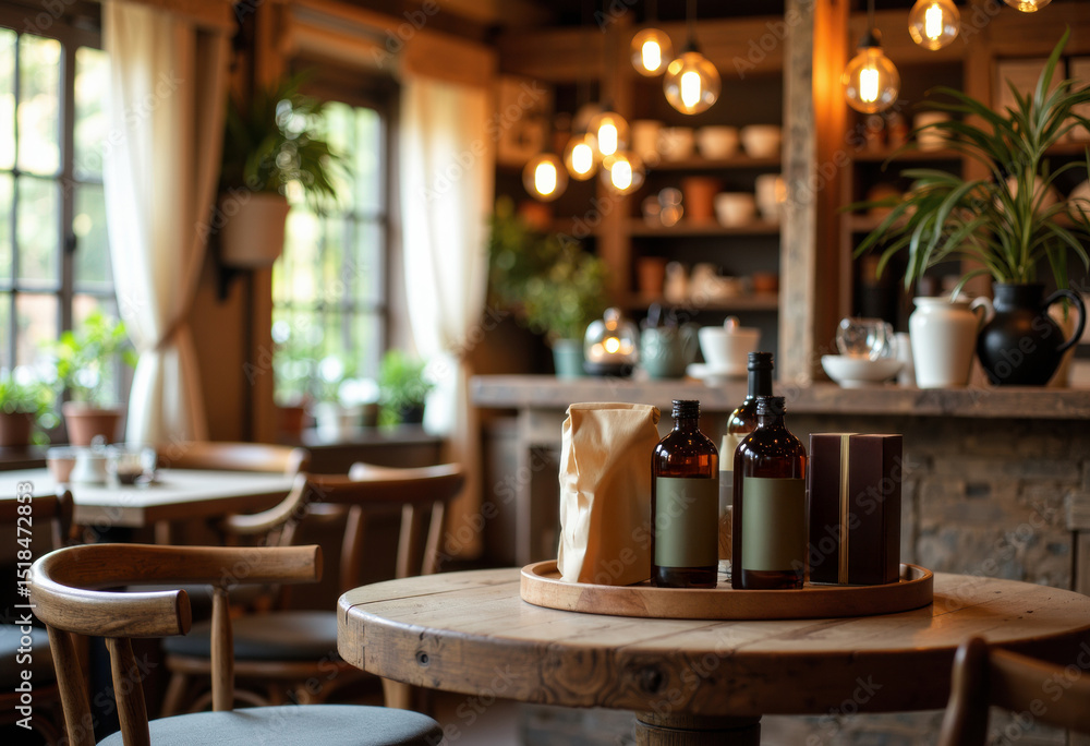 Fototapeta premium Cozy cafe interior with wooden furniture, warm lighting, and decorative plants creating inviting ambiance