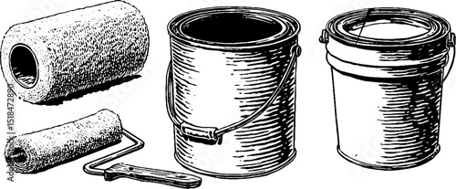 Engraved illustration of paint rollers and paint cans for decorative design