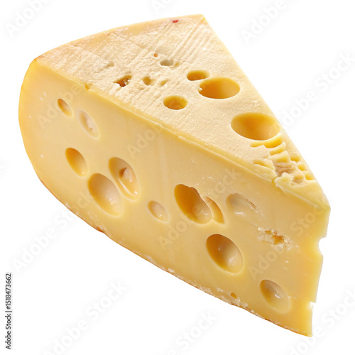 Piece of yellow Swiss cheese with holes, a healthy dairy snack isolated on white