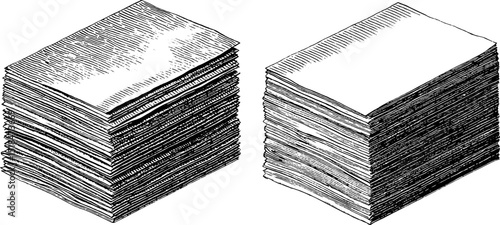 Vintage engraved illustration of paper stack and loose sheets for artistic design
