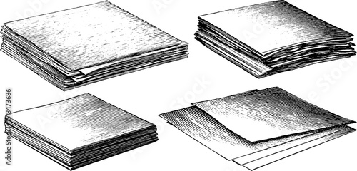 Engraved illustration set of paper stacks and loose sheets for art and design